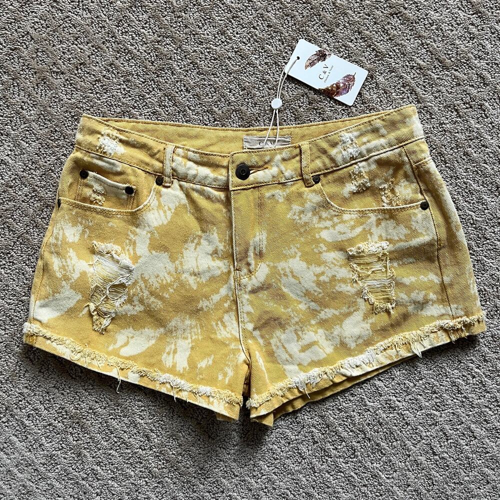 Chelsea & Violet Tie Dye Distressed Jean Short Sz 27 Marigold/Saffron Yellow NWT